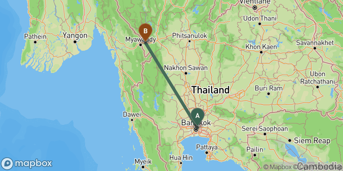 Map showing route from Bangkok to Mae Sot - 390 km