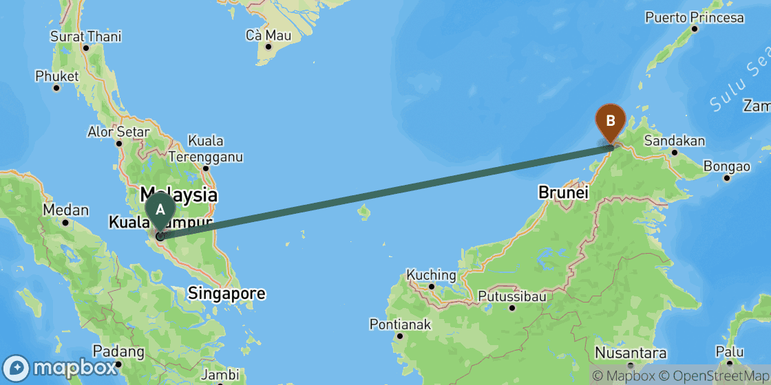 Map showing route from Kuala Lumpur to Kota Kinabalu - 1,624 km