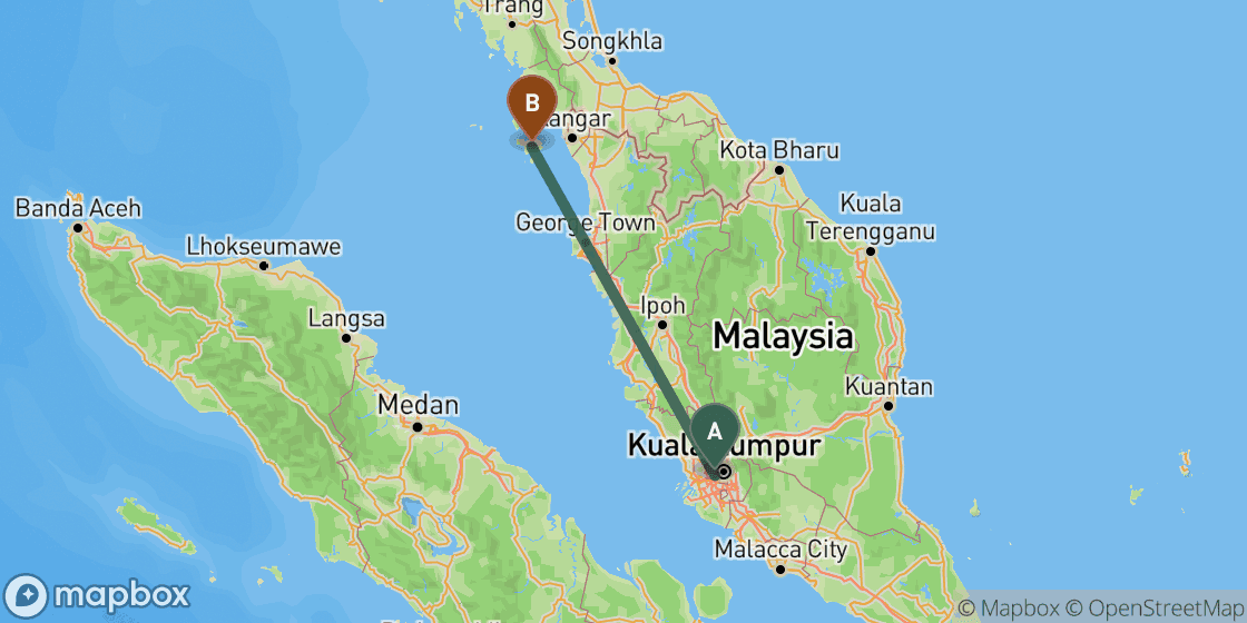 Map showing route from Kuala Lumpur to Langkawi - 413 km