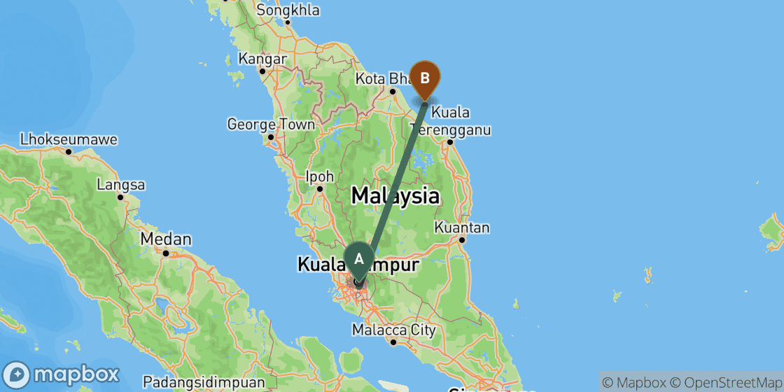Map showing route from Kuala Lumpur to Perhentian Islands - 329 km