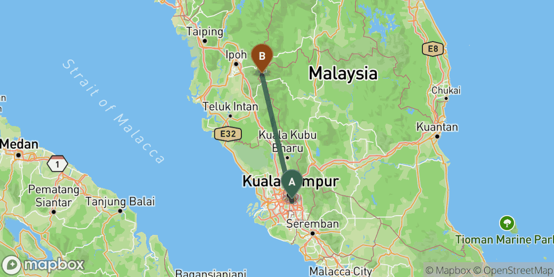 Map showing route from Kuala Lumpur to Cameron Highlands - 152 km