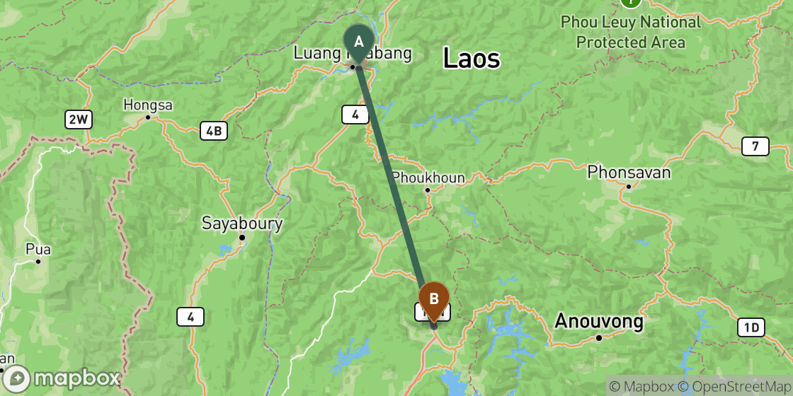 Map showing route from Luang Prabang to Vang Vieng - 112 km