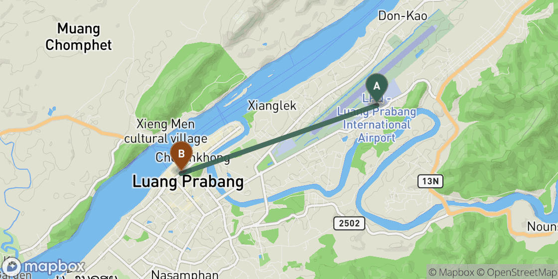 Map showing route from Luang Prabang Airport to Luang Prabang City Centre - 5 km