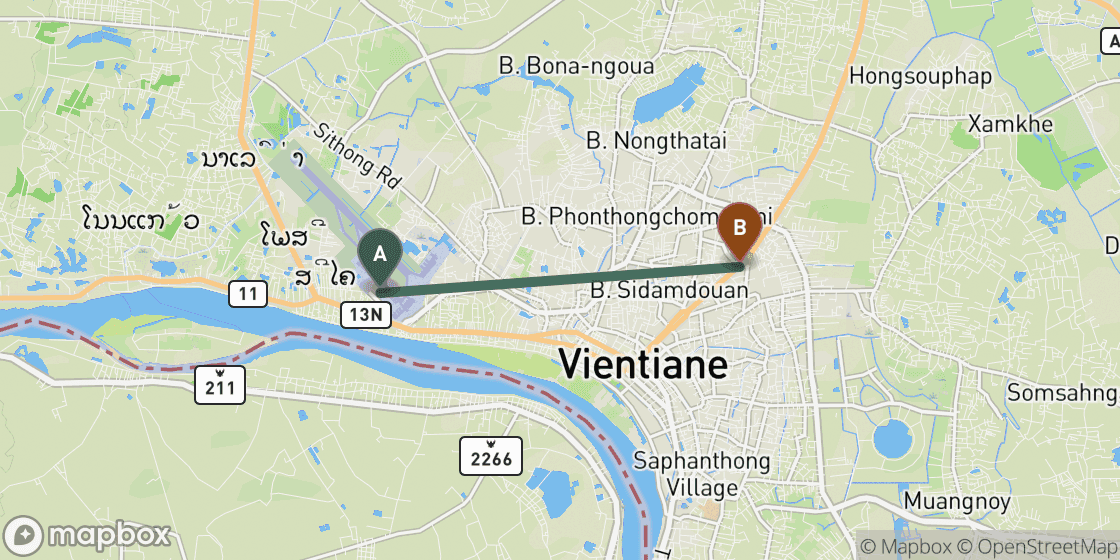 Map showing route from Vientiane Airport to Vientiane City Centre - 8 km