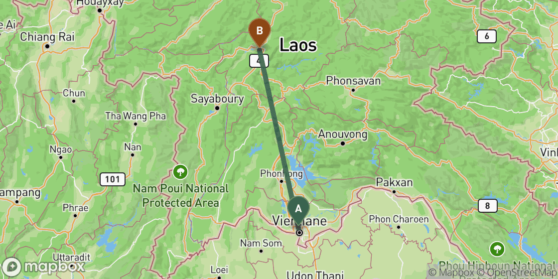 Map showing route from Vientiane to Luang Prabang - 219 km