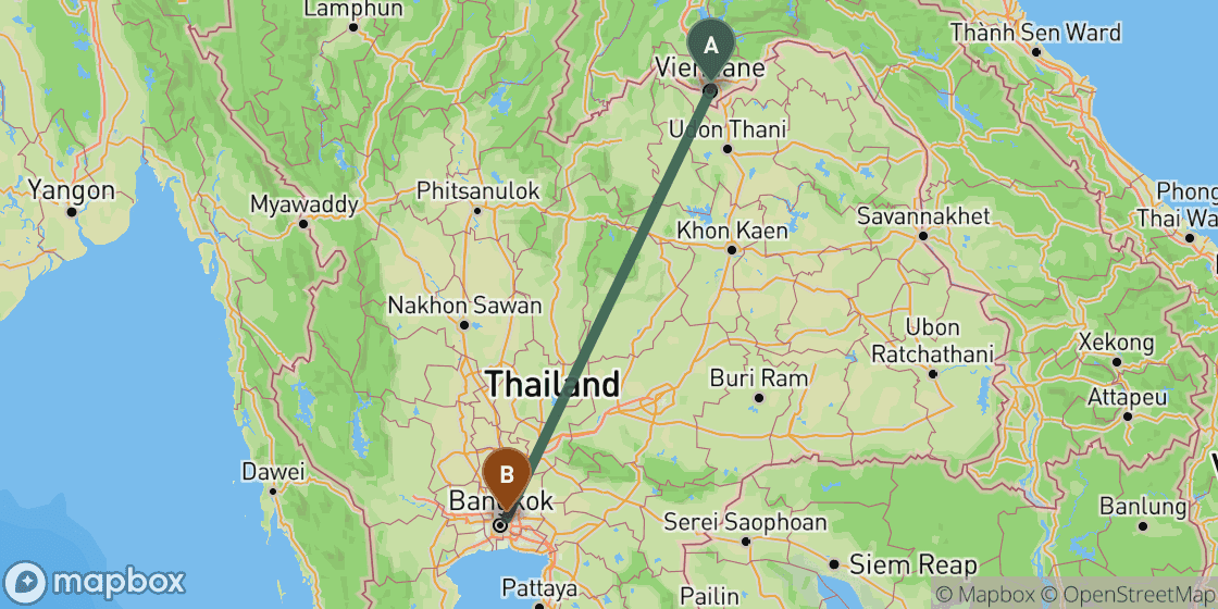 Map showing route from Vientiane to Bangkok - 522 km