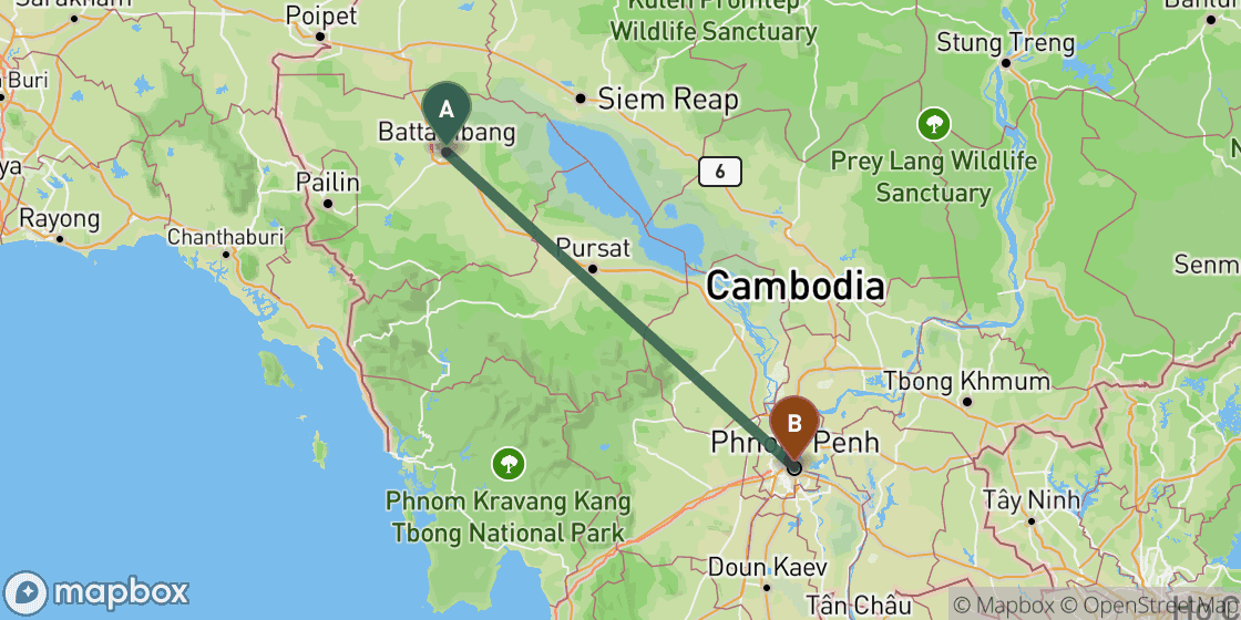 Map showing route from Battambang to Phnom Penh - 253 km