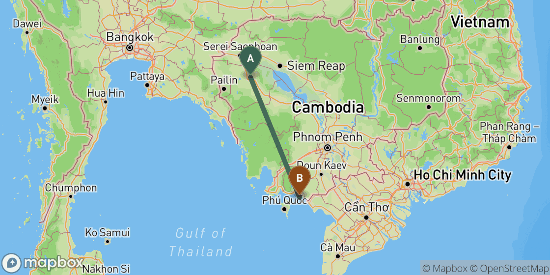 Map showing route from Battambang to Kep - 316 km