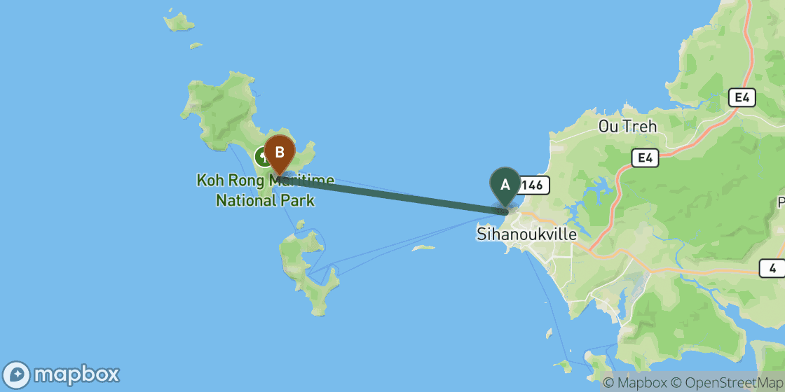 Map showing route from Sihanoukville to Koh Rong - 33 km