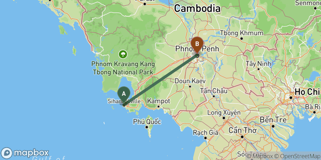 Map showing route from Sihanoukville to Phnom Penh - 186 km