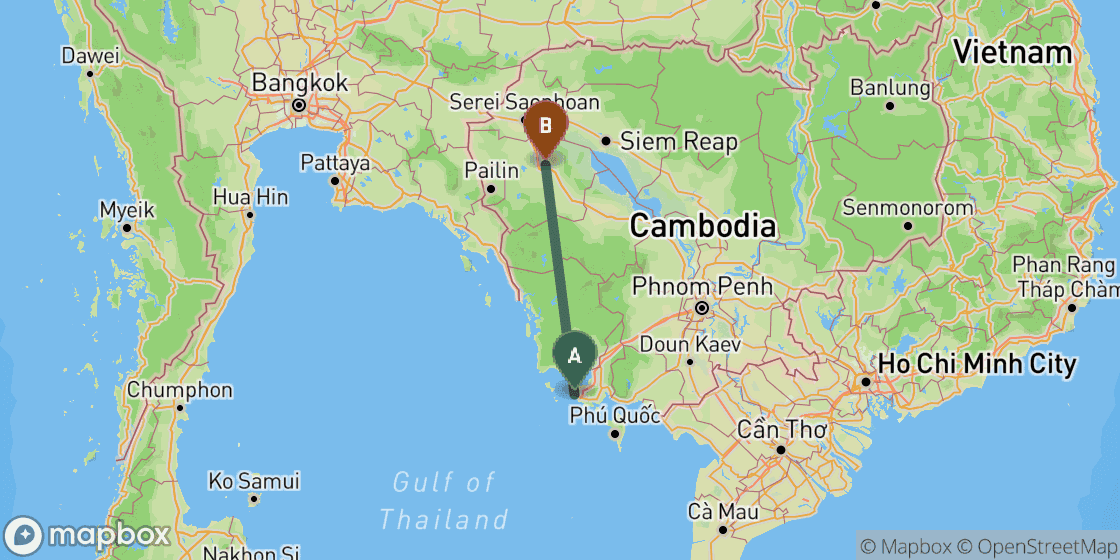 Map showing route from Sihanoukville to Battambang - 279 km