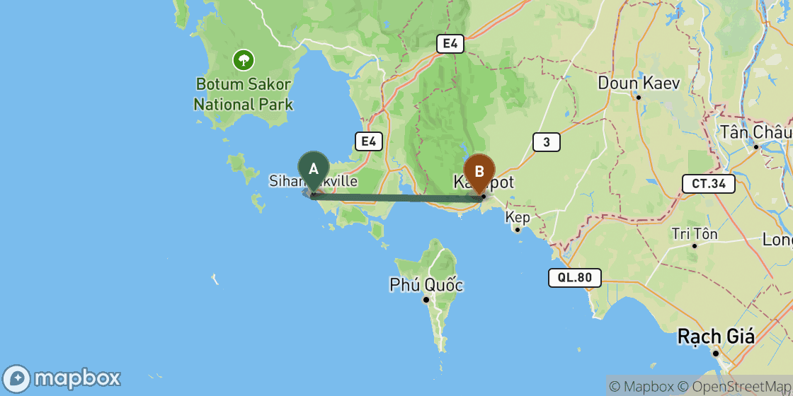 Map showing route from Sihanoukville to Kampot - 70 km