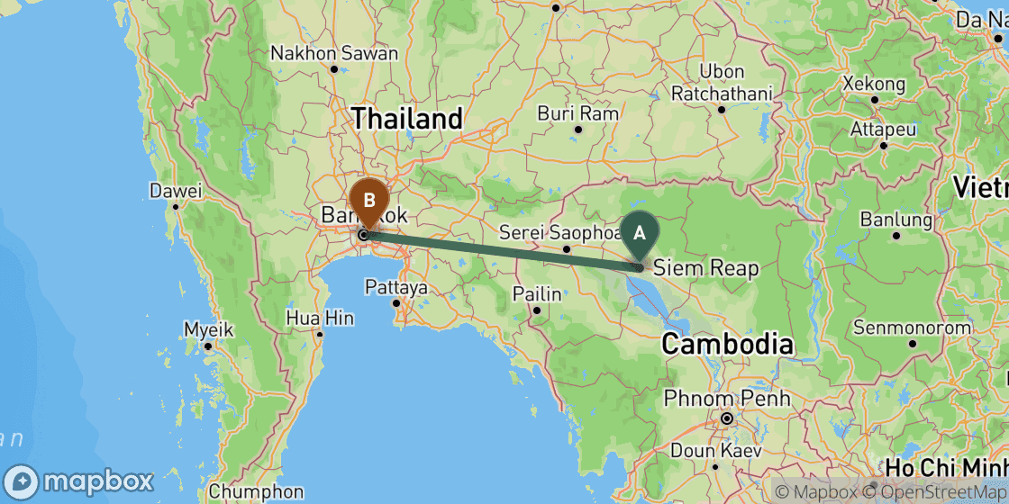Map showing route from Siem Reap to Bangkok - 364 km