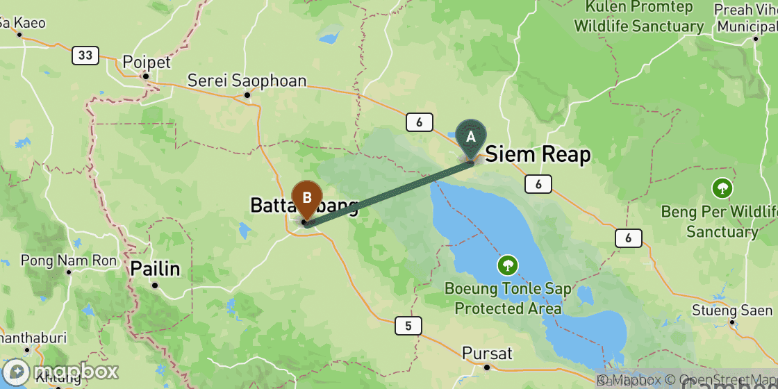 Map showing route from Siem Reap to Battambang - 77 km