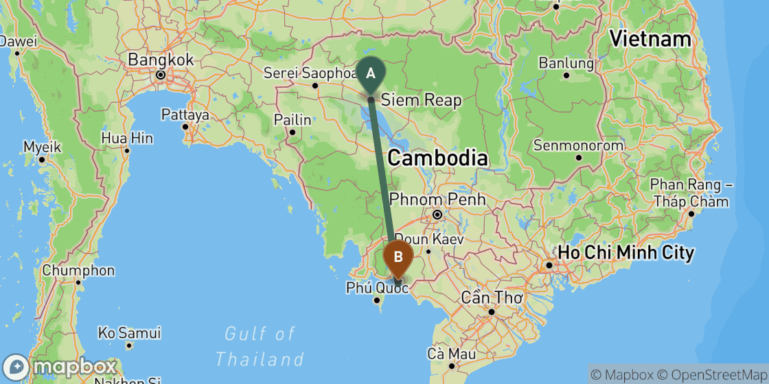 Map showing route from Siem Reap to Kep - 324 km