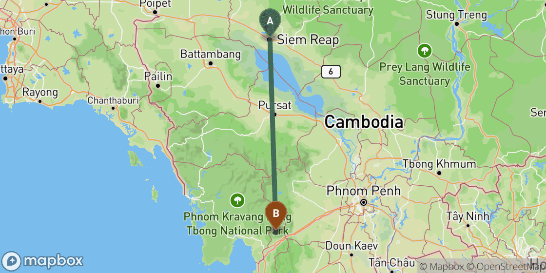 Map showing route from Siem Reap to Kampot - 309 km