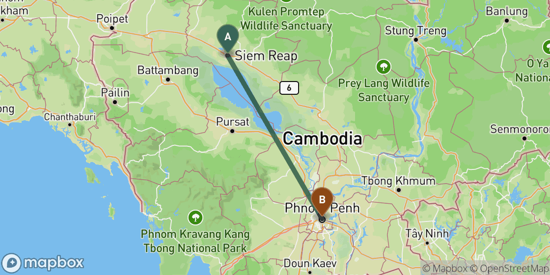 Map showing route from Siem Reap to Phnom Penh - 230 km