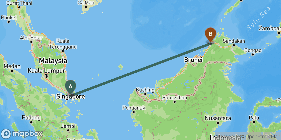 Map showing route from Singapore to Kota Kinabalu - 1,454 km