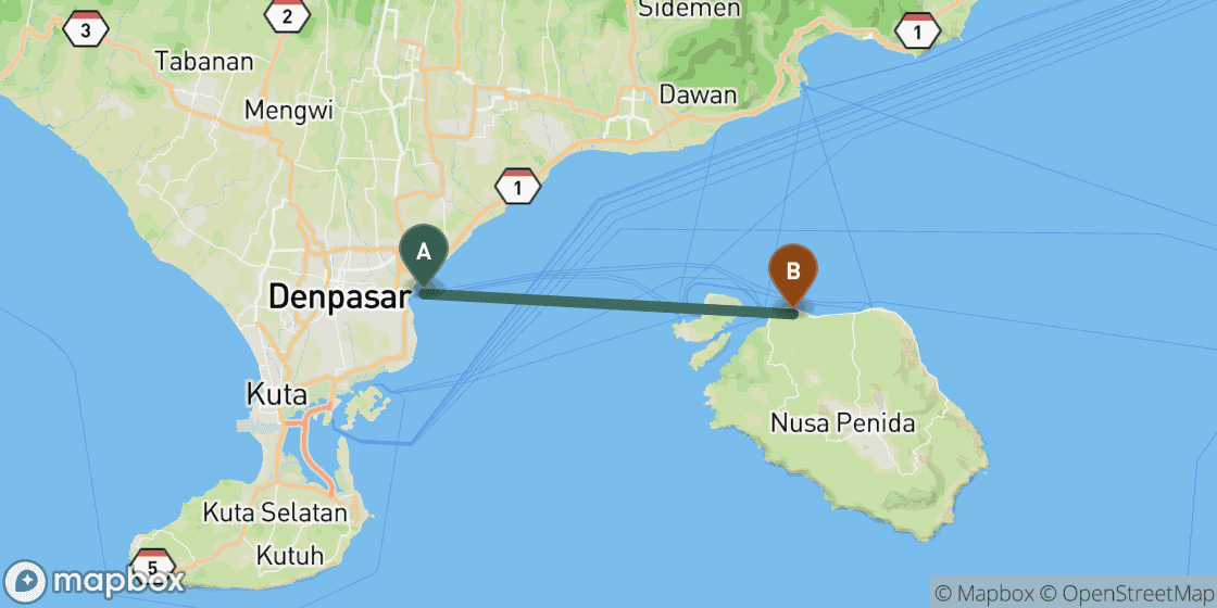 Map showing route from Bali to Nusa Penida - 41 km