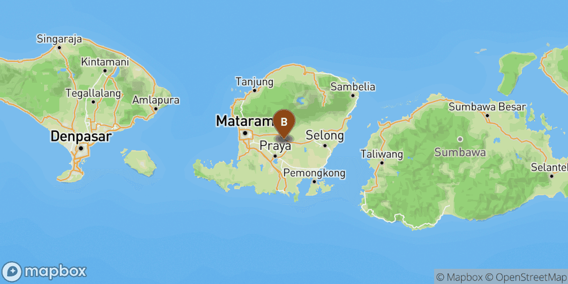 Map showing route from Lombok Airport to Lombok City Centre - 25 km