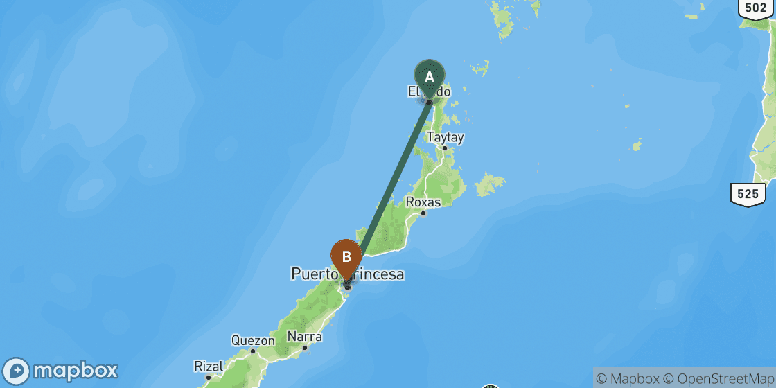 Map showing route from El Nido to Puerto Princesa - 175 km