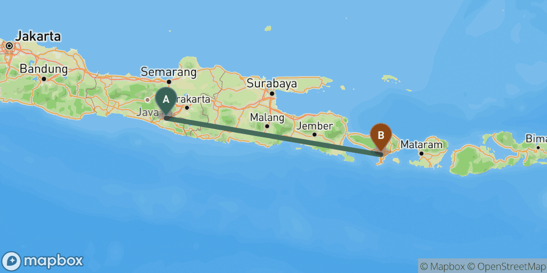 Map showing route from Yogyakarta to Bali - 536 km