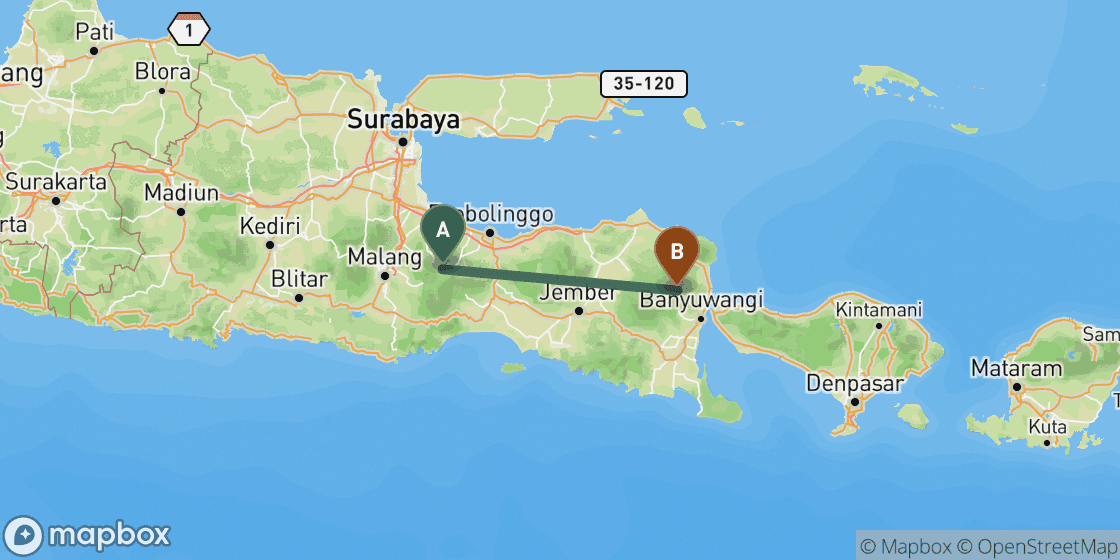 Map showing route from Bromo to Ijen - 143 km
