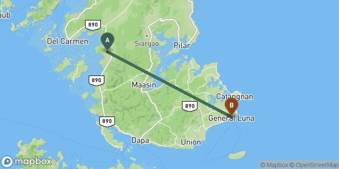 Map showing route from Siargao Airport to Siargao City Centre - 30 km
