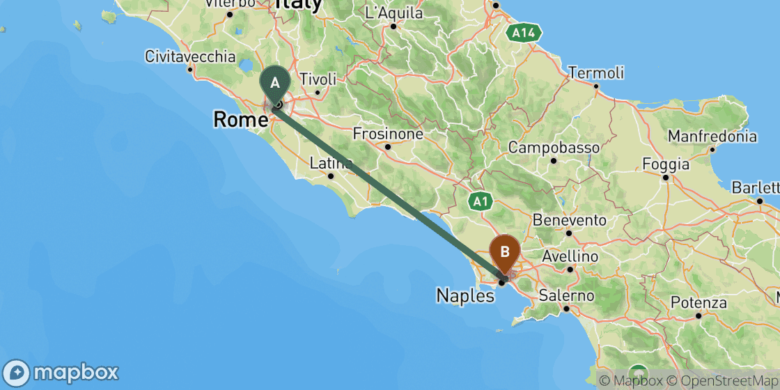 Map showing route from Rome to Naples - 189 km