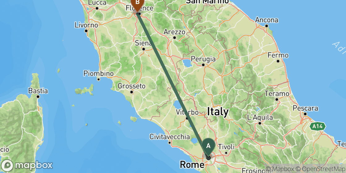 Map showing route from Rome to Florence - 232 km
