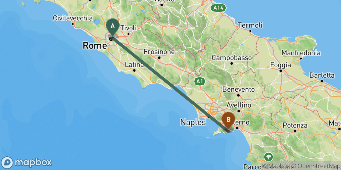 Map showing route from Rome to Amalfi - 226 km