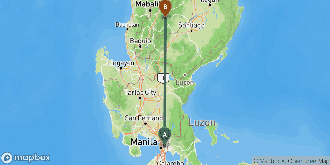 Map showing route from Manila to Banaue - 258 km