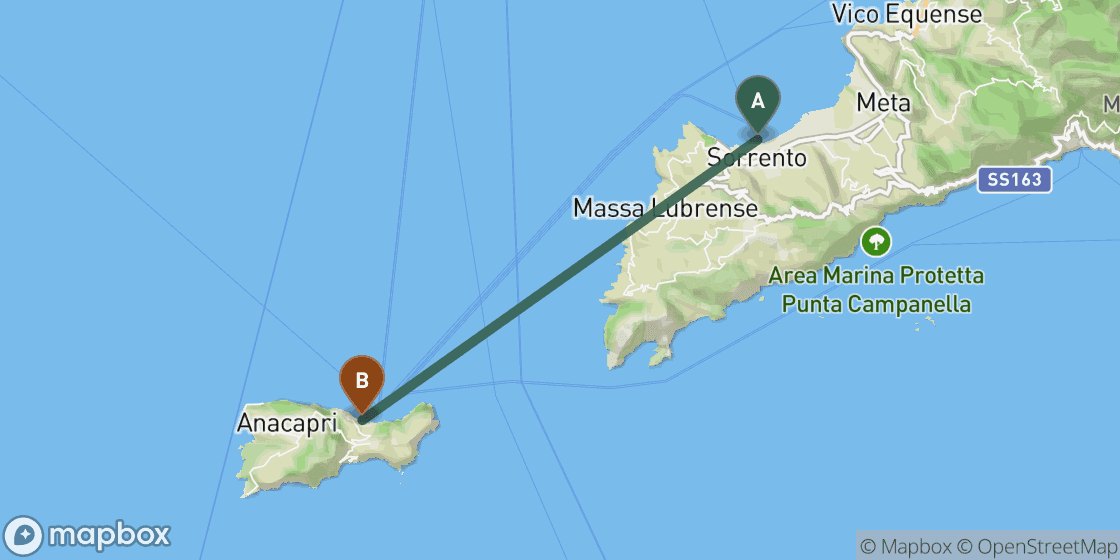 Map showing route from Sorrento to Capri - 15 km