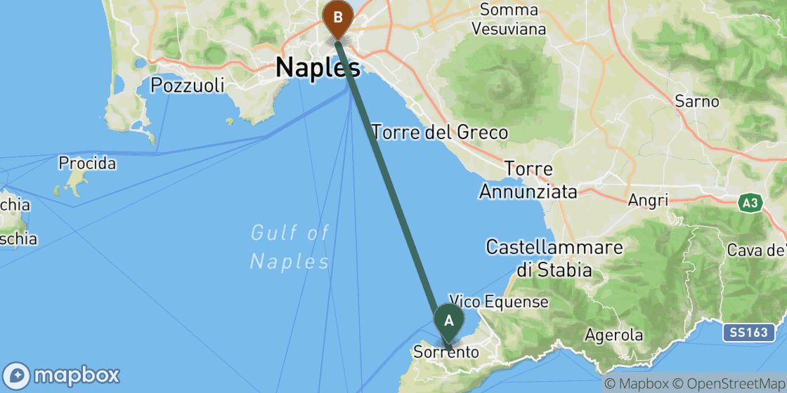 Map showing route from Sorrento to Naples - 25 km