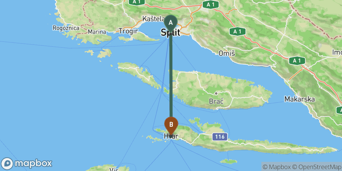 Map showing route from Split to Hvar - 37 km