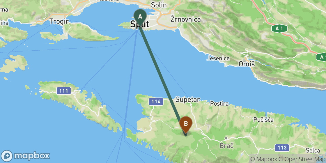 Map showing route from Split to Brac - 29 km