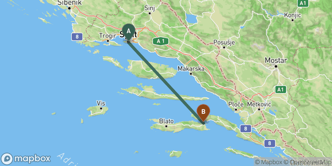 Map showing route from Split to Korcula - 83 km