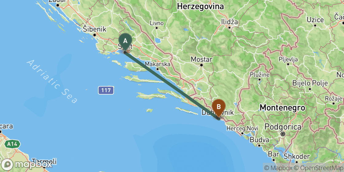 Map showing route from Split to Dubrovnik - 166 km