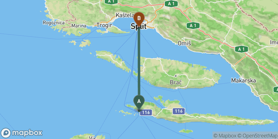 Map showing route from Hvar to Split - 37 km