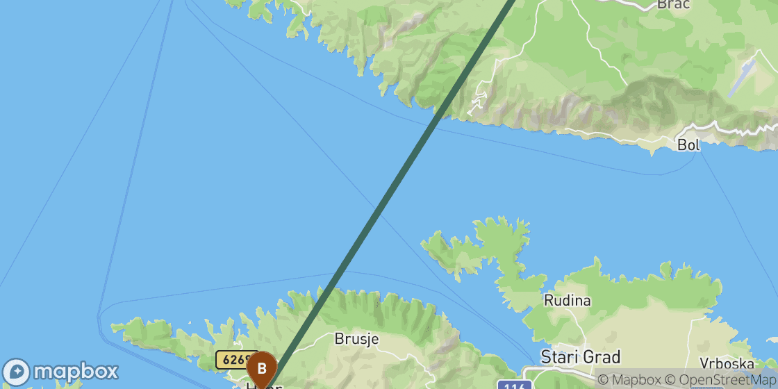 Map showing route from Brac to Hvar - 24 km