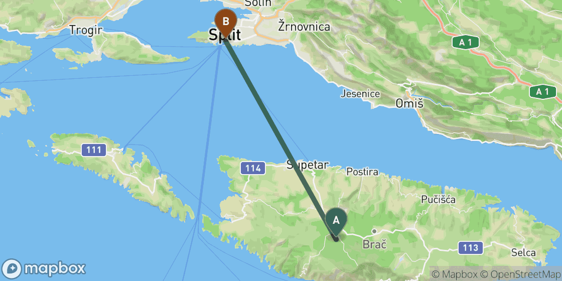 Map showing route from Brac to Split - 29 km