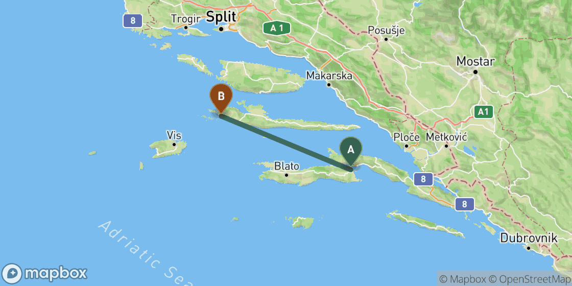 Map showing route from Korcula to Hvar - 61 km