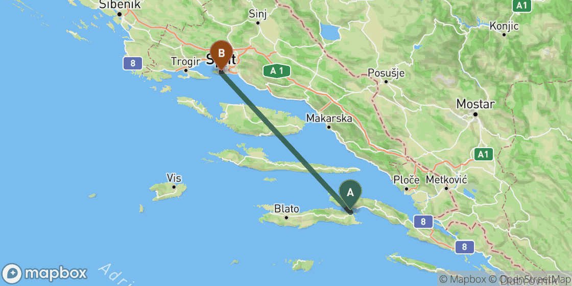 Map showing route from Korcula to Split - 83 km