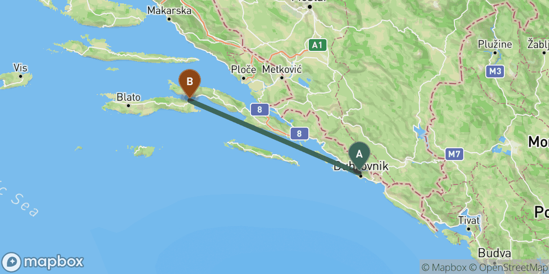 Map showing route from Dubrovnik to Korcula - 87 km