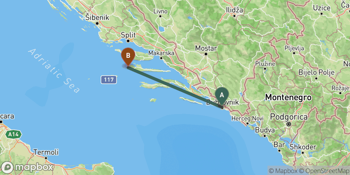 Map showing route from Dubrovnik to Hvar - 148 km