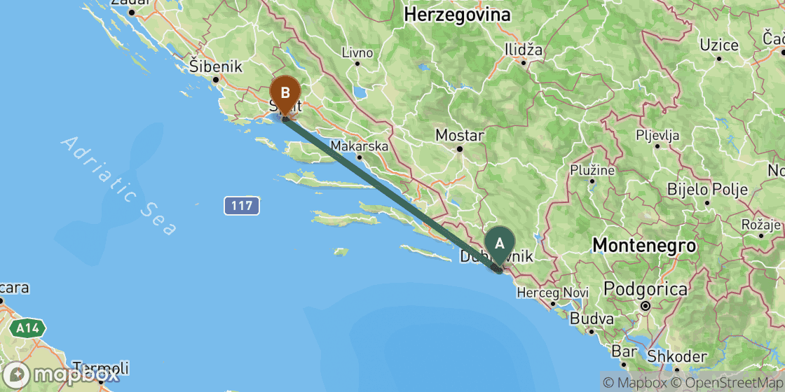 Map showing route from Dubrovnik to Split - 166 km