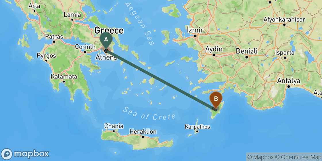 Map showing route from Athens to Rhodes - 423 km