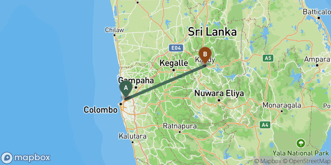 Map showing route from Colombo to Kandy - 95 km