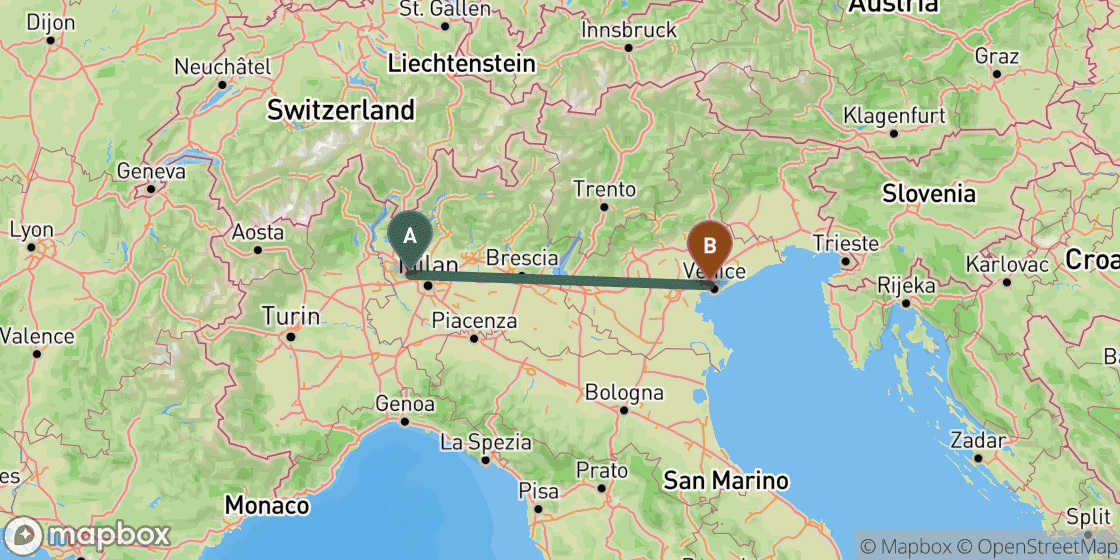 Map showing route from Milan to Venice - 245 km