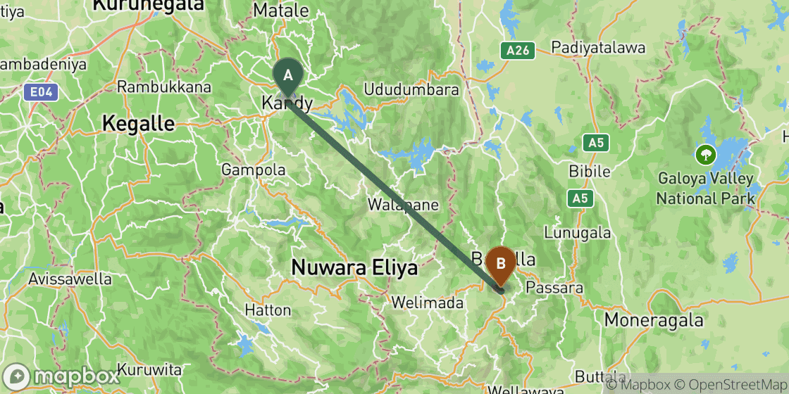 Map showing route from Kandy to Ella - 66 km